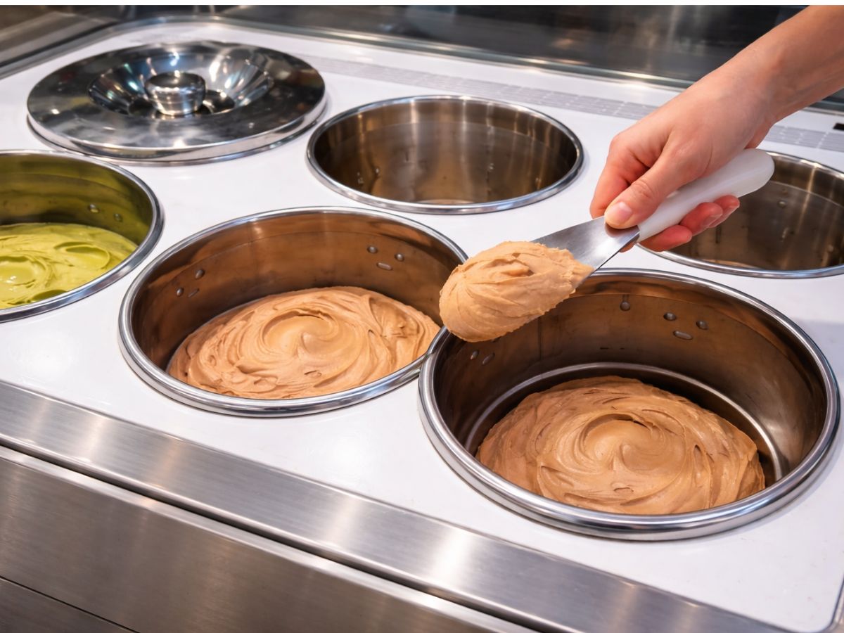 Estrazione del gelato da una carapina con spatola corta utilizzata nei banchi a pozzetto